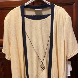 Light yellow and black cardigan, shell and black pants set with necklace vintage